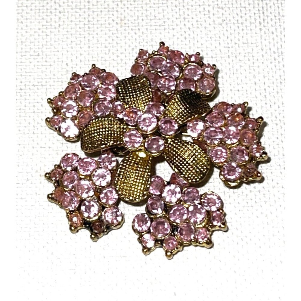Retro Gold Tone Floral Pink Rhinestone Brooch Vtg Statement Jewelry Quality!